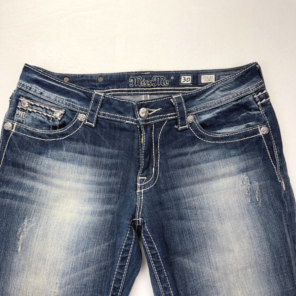 Miss Me Capri Jeans Womens 30 Blue Medium Wash Rhinestone Embroidered JP5418P - Picture 5 of 12